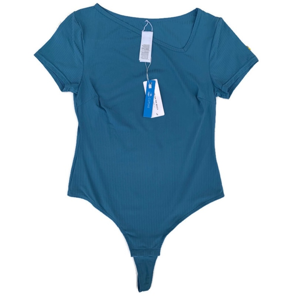 Cupshe Aylin Ribbed Asymmetrical Neck Bodysuit Blue Large NWT